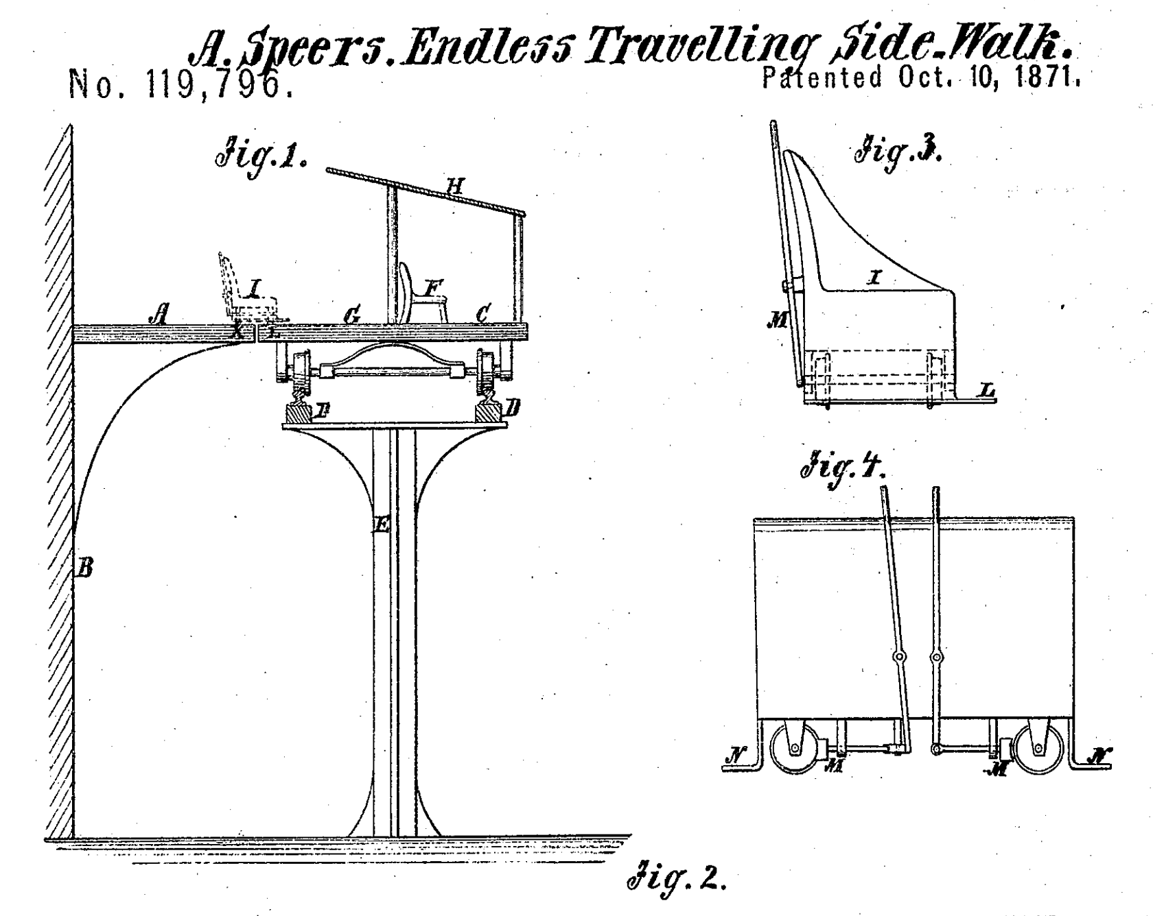 An original 1871 patent drawing for Alfred Speer’s "Endless Travelling Side-Walk". The technical diagram features four figures: Fig. 1 shows a side-profile cross-section of a raised pedestrian platform supported by an iron pillar, complete with a canopy, seating, and a mechanical track system. Fig. 3 and Fig. 4 provide detailed close-ups of the individual passenger cars and their wheel and brake mechanisms.