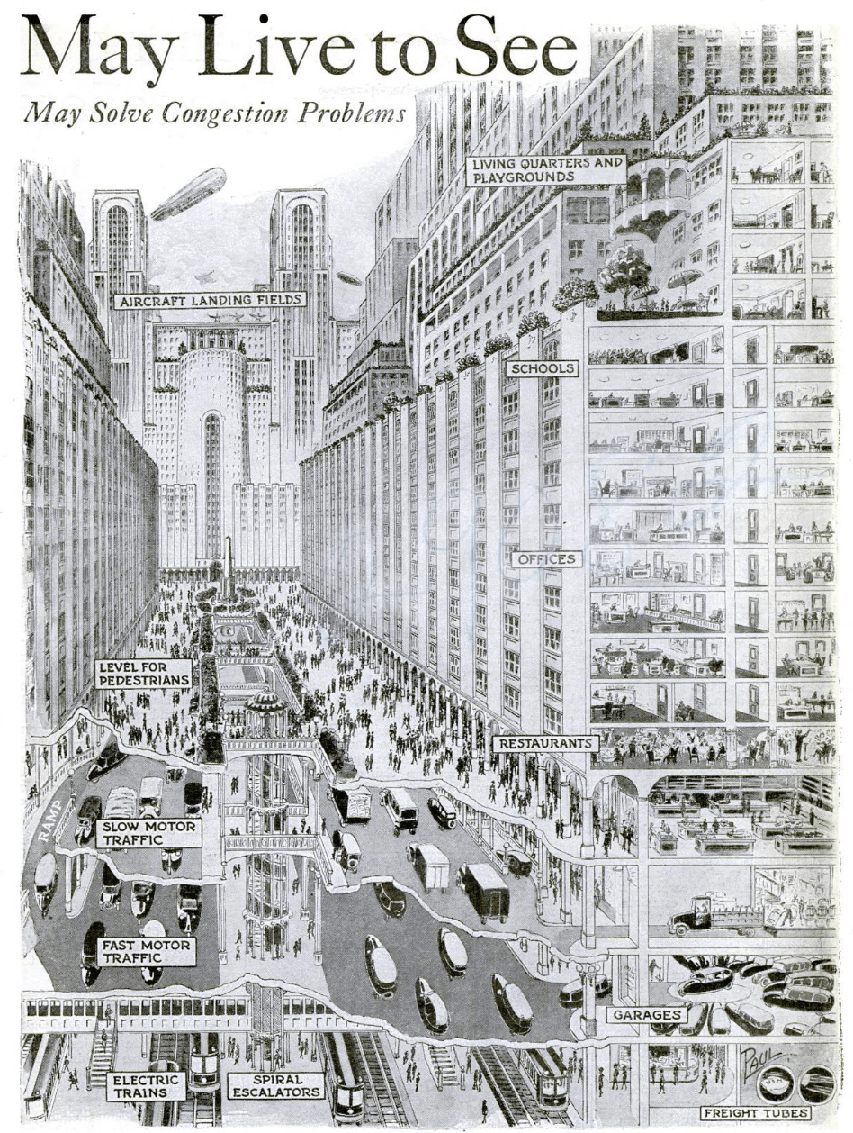 A detailed black-and-white retro-futuristic illustration from a 1925 issue of Popular Science titled "May Live to See: May Solve Congestion Problems". The artwork depicts a multi-layered urban landscape for the year 1950, featuring soaring skyscrapers with a cutaway view on the right showing interior levels labeled "Living Quarters and Playgrounds," "Schools," "Offices," "Restaurants," and "Garages". The street level is split into various subterranean transit tiers, including: Level for Pedestrians: A wide, crowded upper walkway. Slow Motor Traffic and Fast Motor Traffic: Separate road levels for vehicles. Electric Trains, Spiral Escalators, and Freight Tubes: High-speed transit systems at the lowest depths. In the sky, giant zeppelins and small aircraft fly between rooftops designated as "Aircraft Landing Fields".